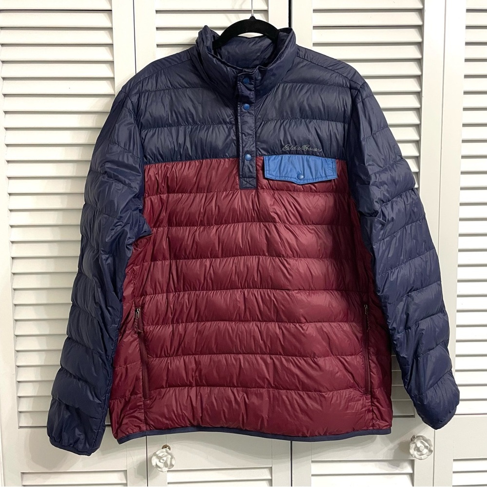 Eddie Bauer EB650 Down Pullover Jacket L Gorpcore Packable Puffer Maroon Navy